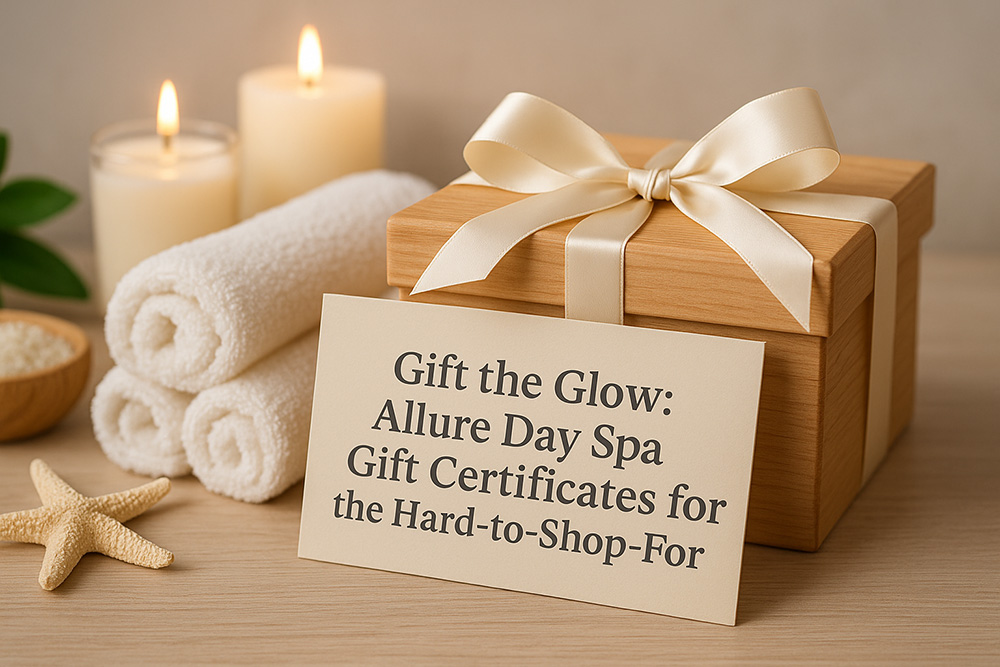 Allure Day Spa gift certificate displayed beside candles, soft white towels, and fresh flowers in a peaceful spa setting.